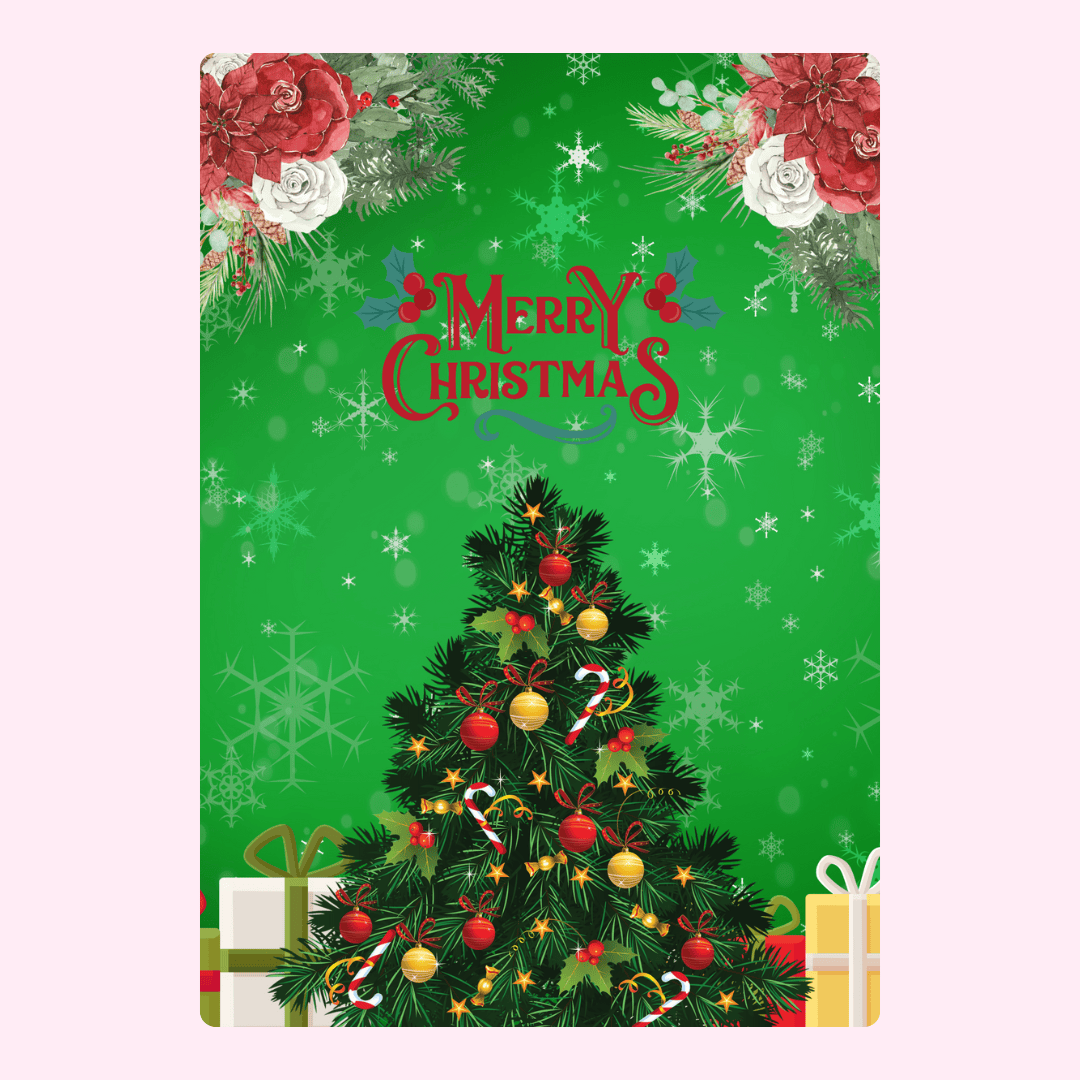 Christmas card with decorated tree and Merry Christmas