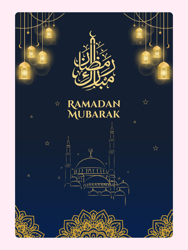 Ramadan Mubarak greeting card with mosque and lanterns