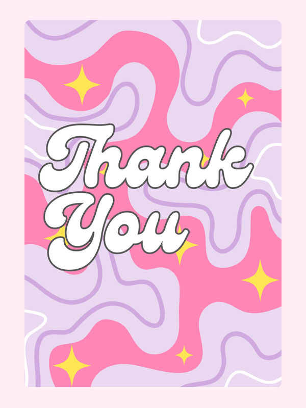 Thank You card with pink and purple wavy design and stars