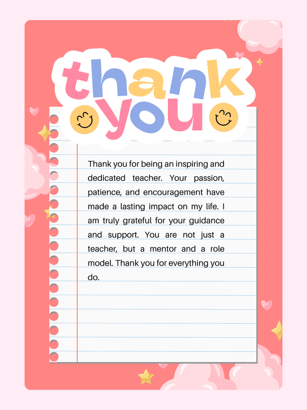 Thank you card for teacher with thank you message.