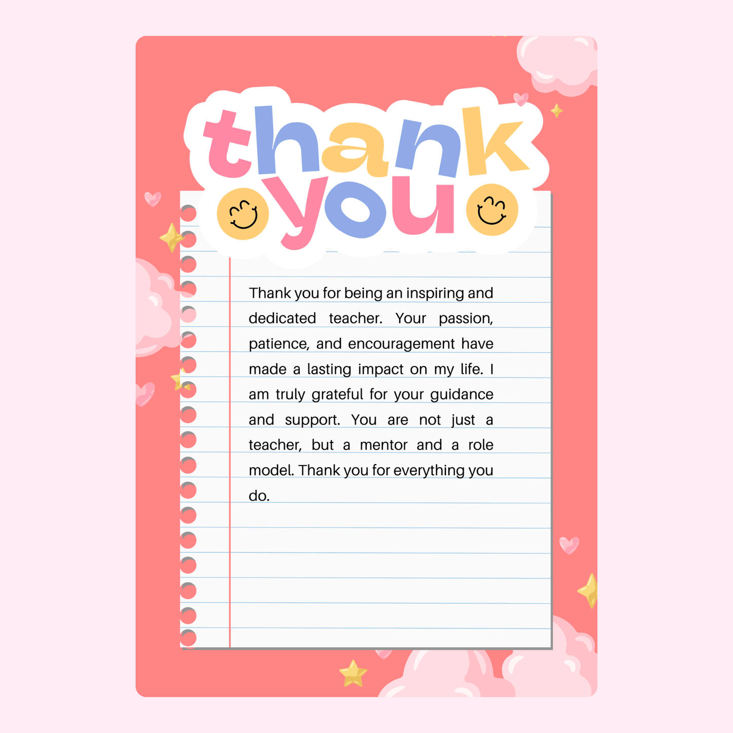 Thank you card for teacher with thank you message.