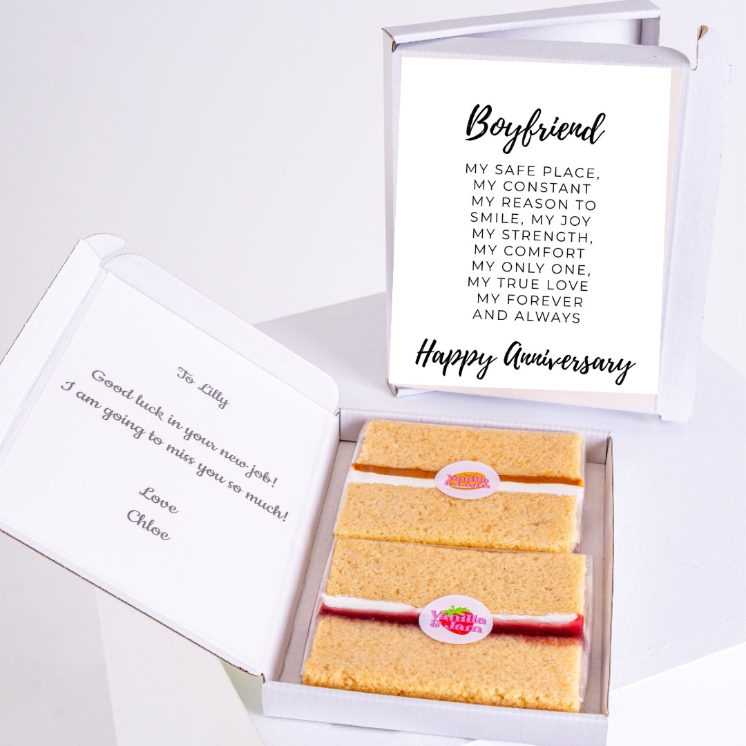 Letterbox treat with anniversary message for boyfriend and a treat in a white box.