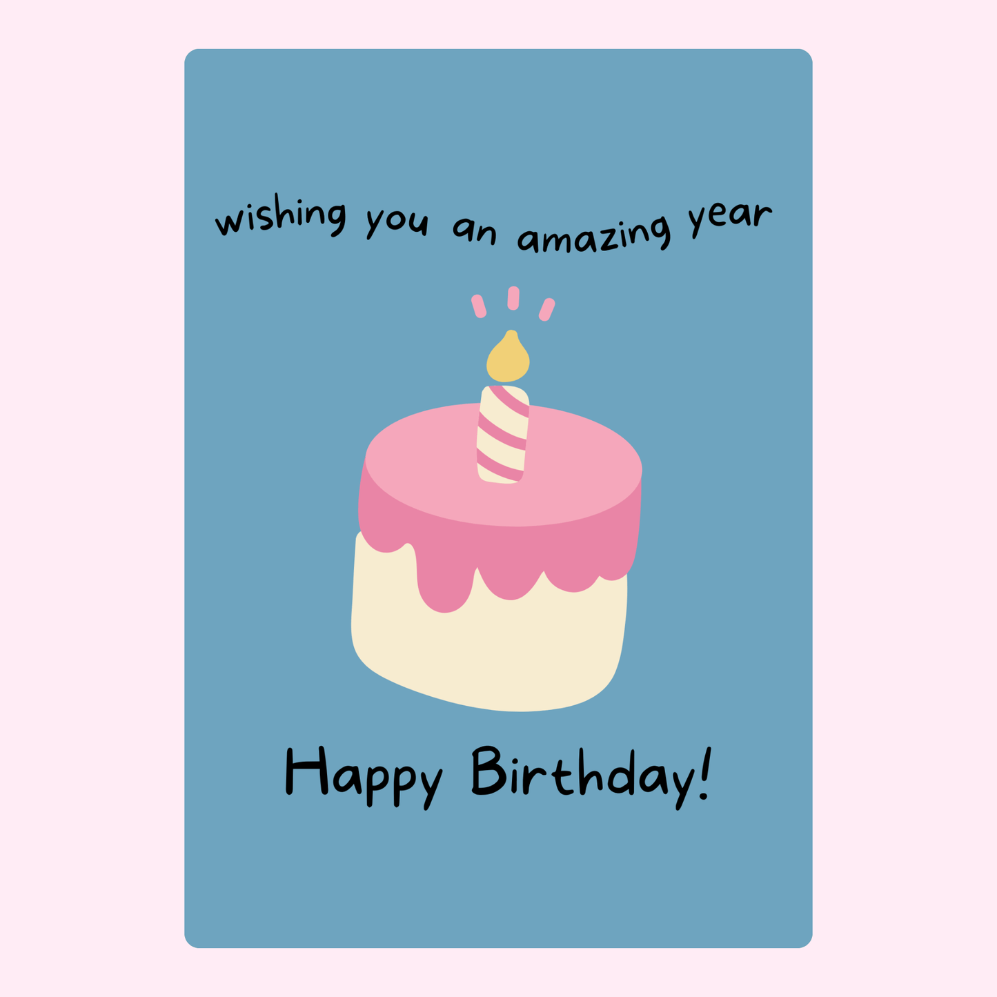 Happy Birthday card with cake, wishing an amazing year.