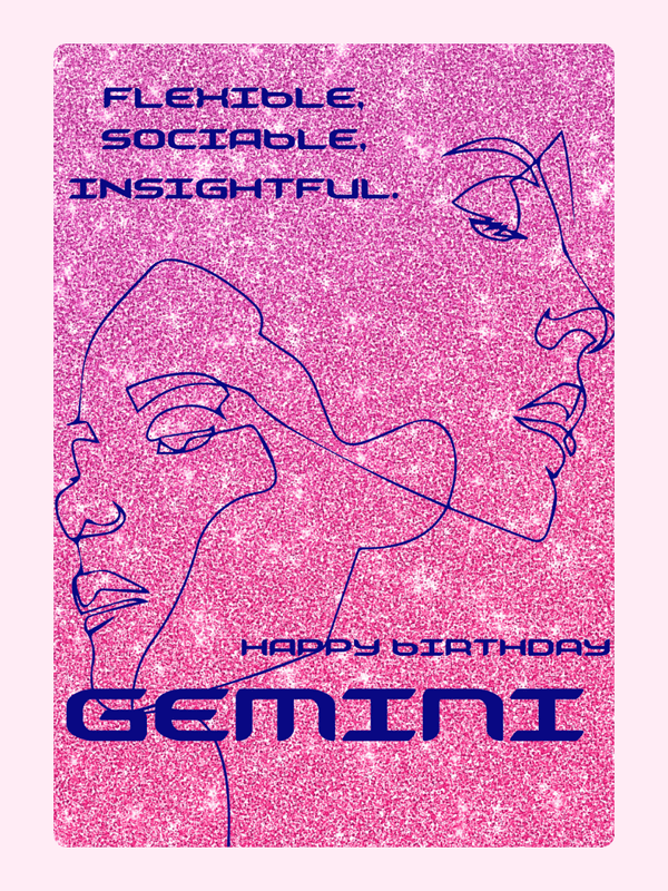 Gemini birthday card with line art faces.