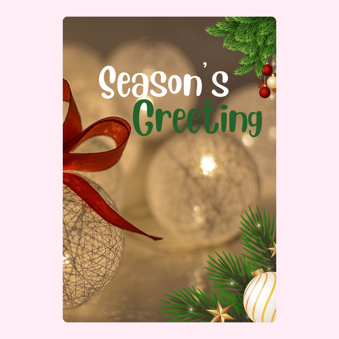 Season's Greeting card with string lights and ornaments