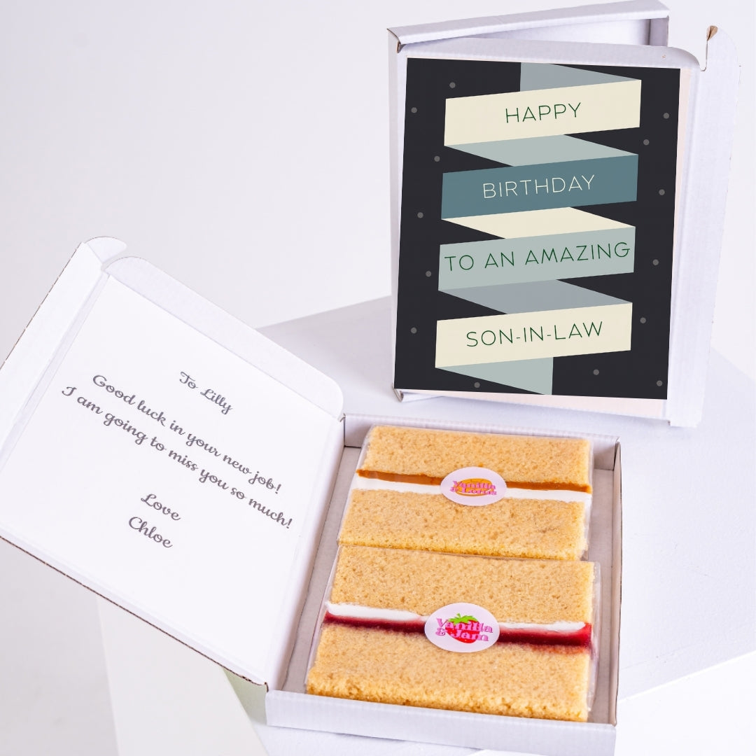 Letterbox cake gift with modern birthday design for son-in-law