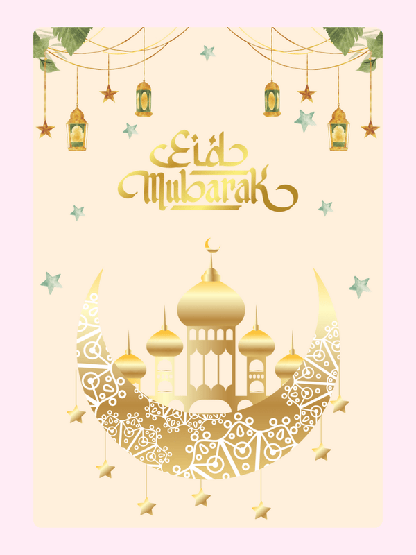 Eid Mubarak greeting card with mosque and crescent moon