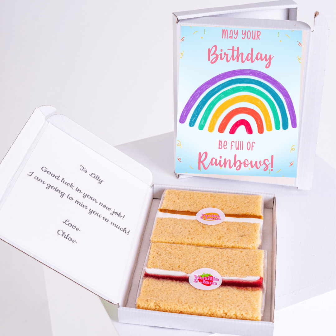 Birthday cake gift with rainbow card, card says May your birthday be full of...