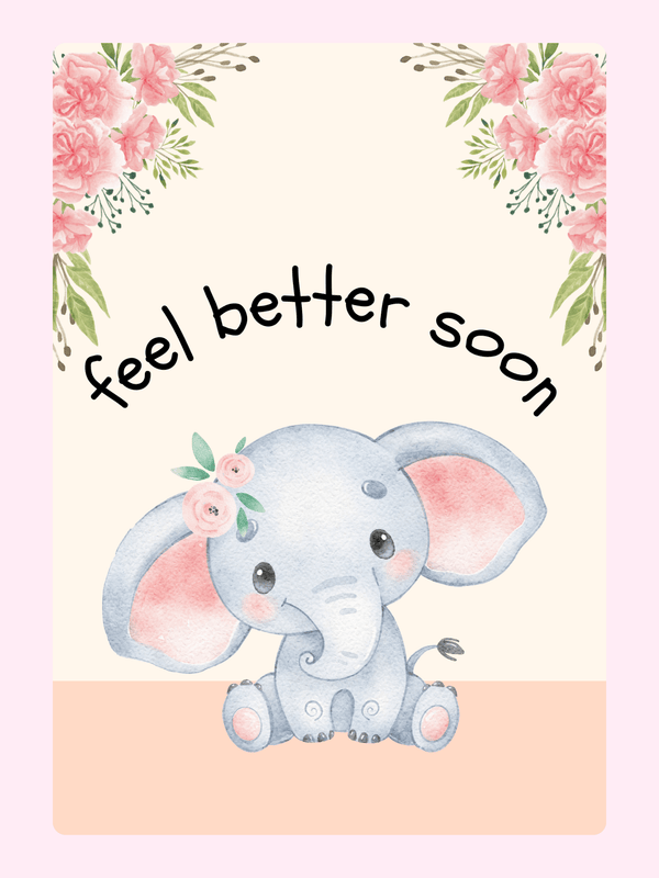 Feel better soon card with baby elephant & flowers