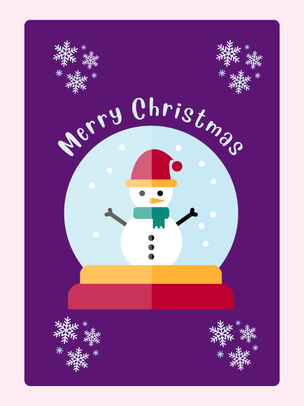 Christmas card with snowman in a snow globe