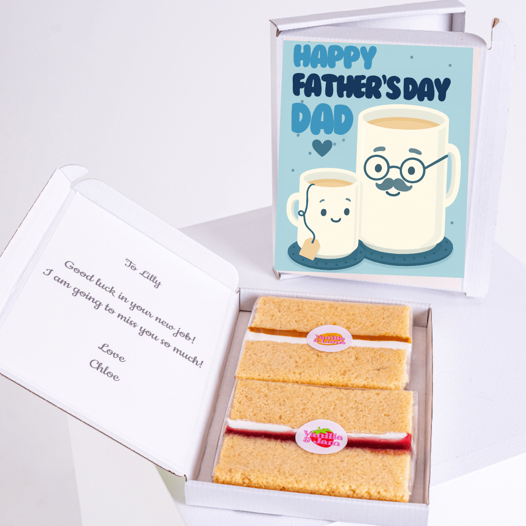 Father's Day gift box with cake and card for Dad.
