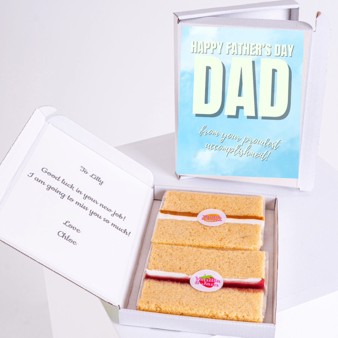Father's Day cake gift with Happy Father's Day Dad card and a note.