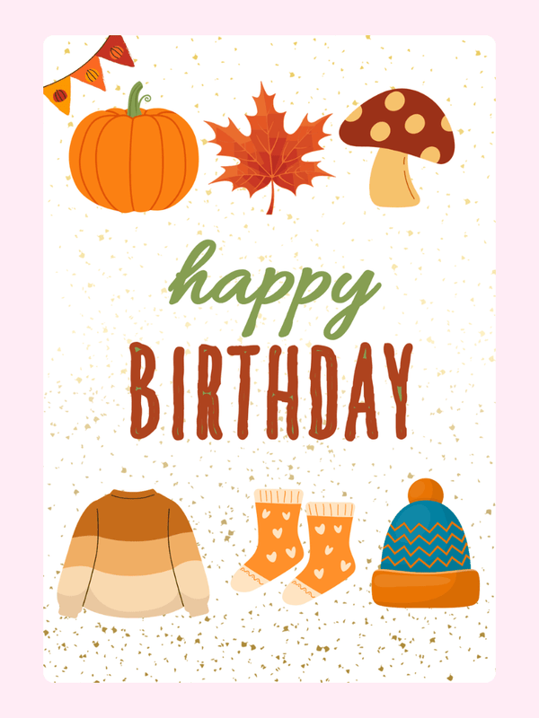 Autumn birthday card with pumpkin and seasonal items