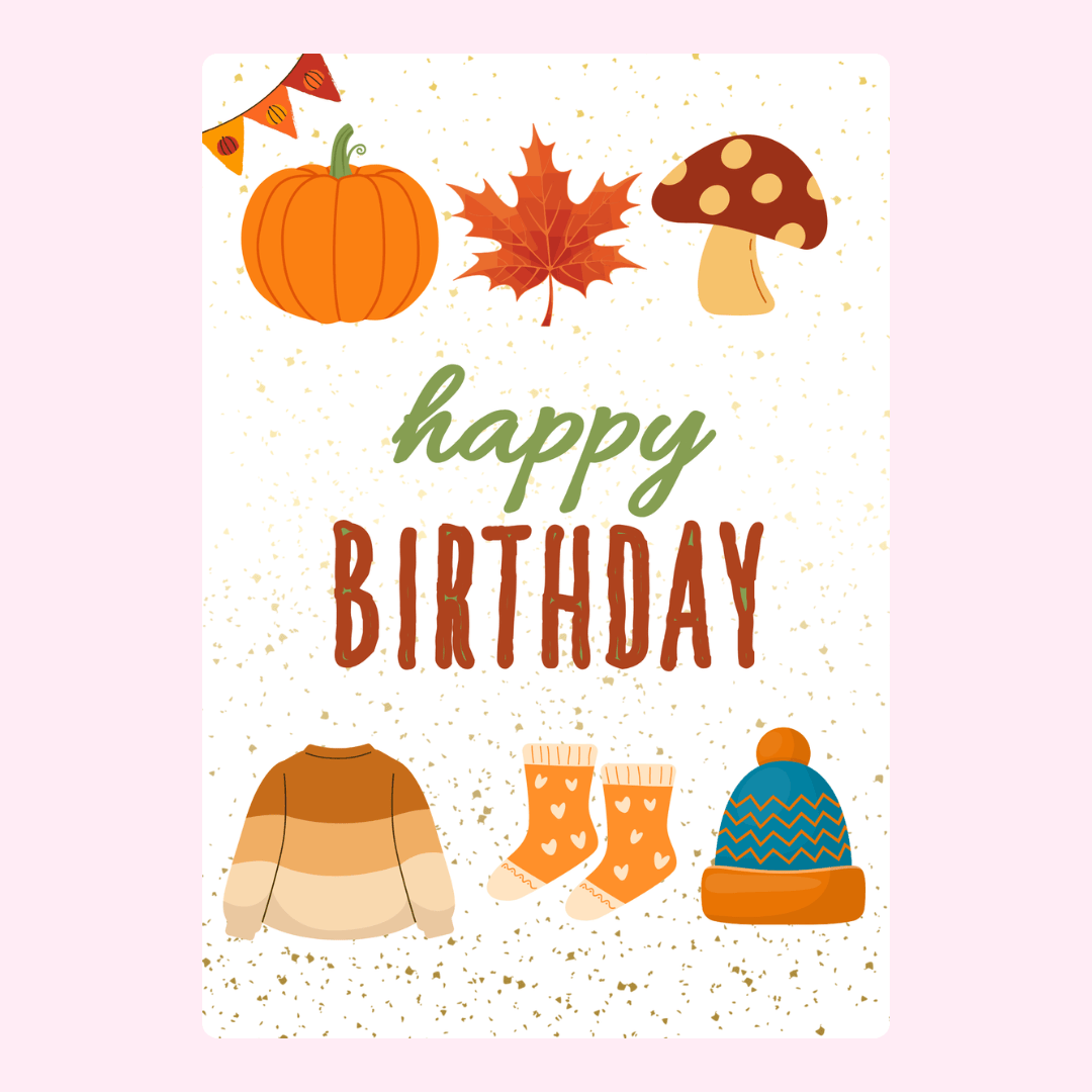 Autumn birthday card with pumpkin and seasonal items