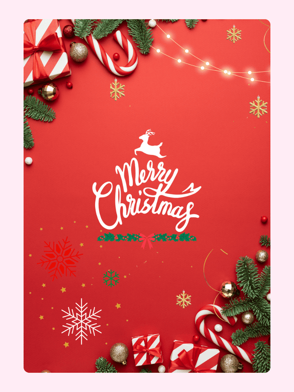 Merry Christmas card with gifts, candy canes, and snowflakes