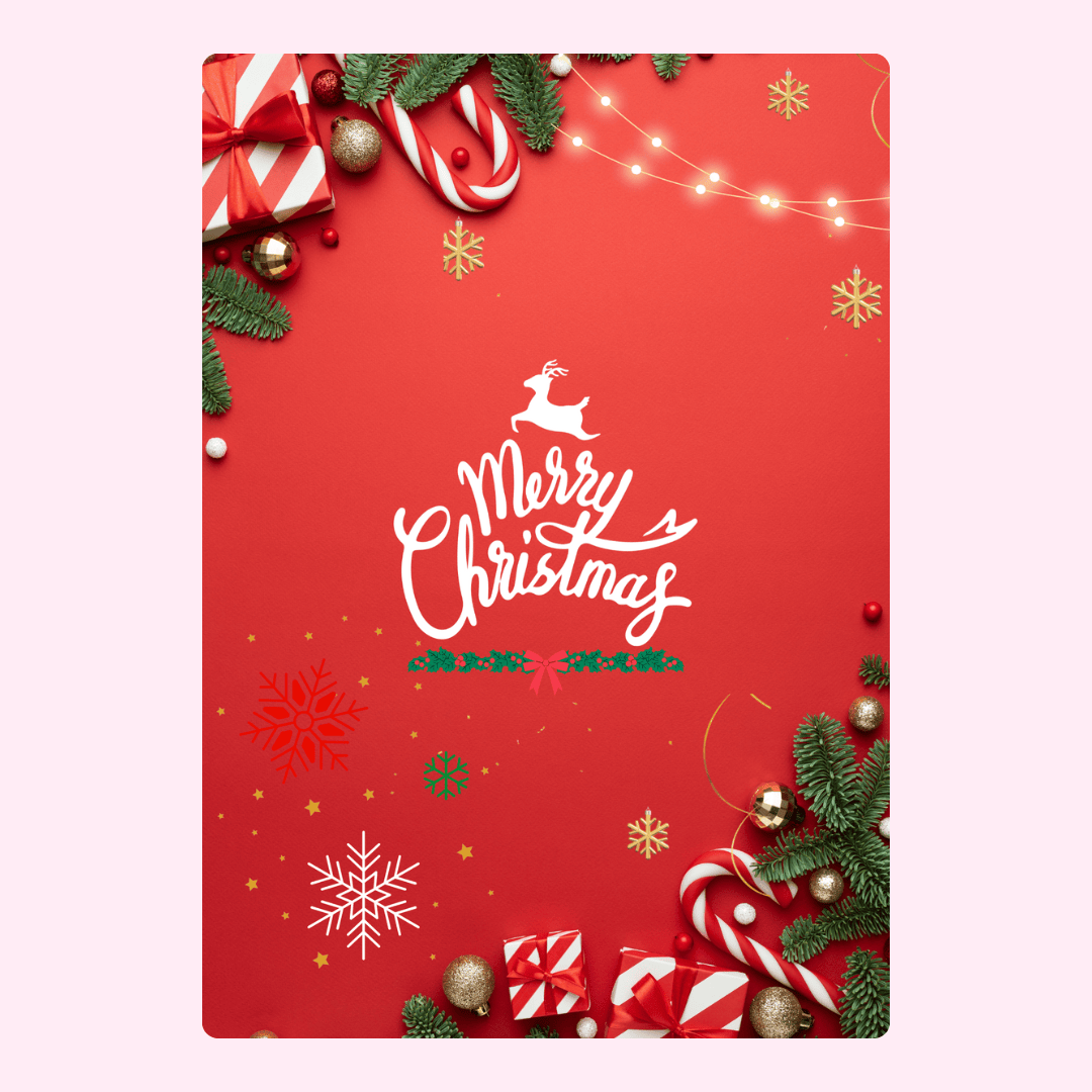 Merry Christmas card with gifts, candy canes, and snowflakes