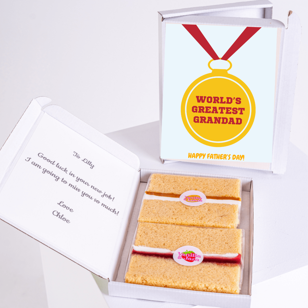 Father's Day gift box with World's Greatest Grandad and cake.