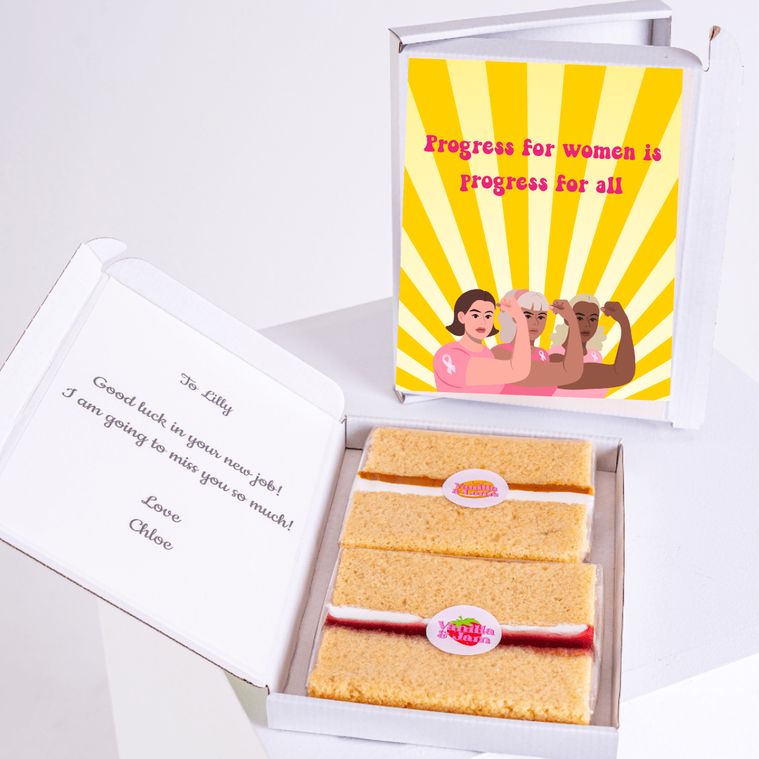 Cake gift box with Progress for women card, farewell message.