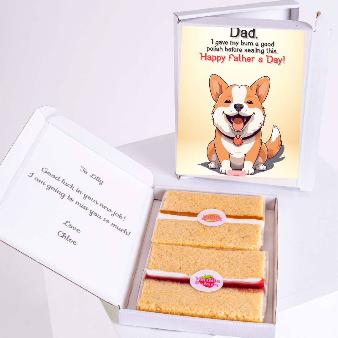 Father's Day card and cake with corgi, plus Lilly's new job gift.