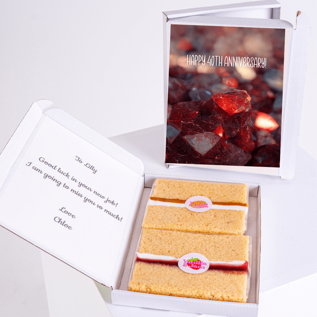 Cake gift box with Happy 40th Anniversary card and message for Lilly.