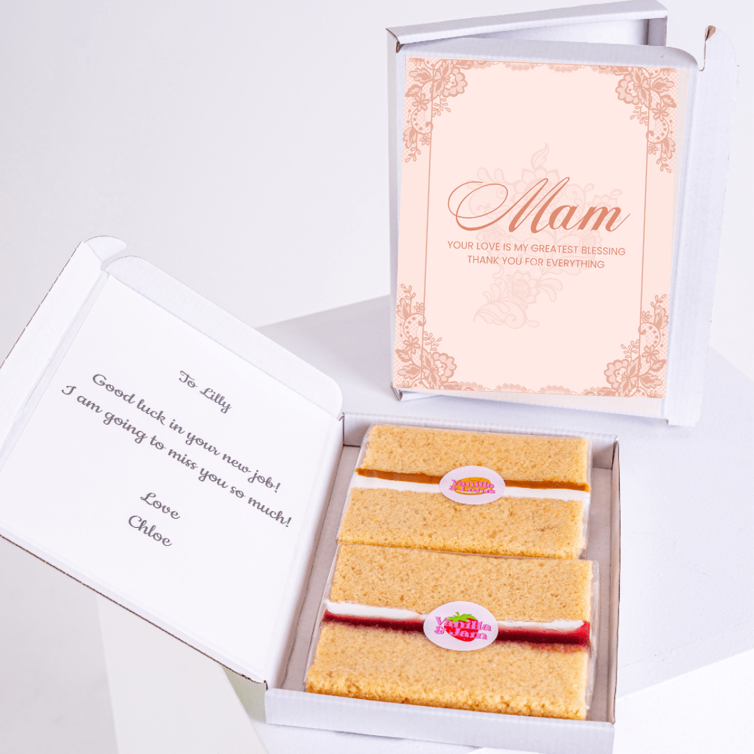 Cake box for Lilly & Mom, with message & cake slices