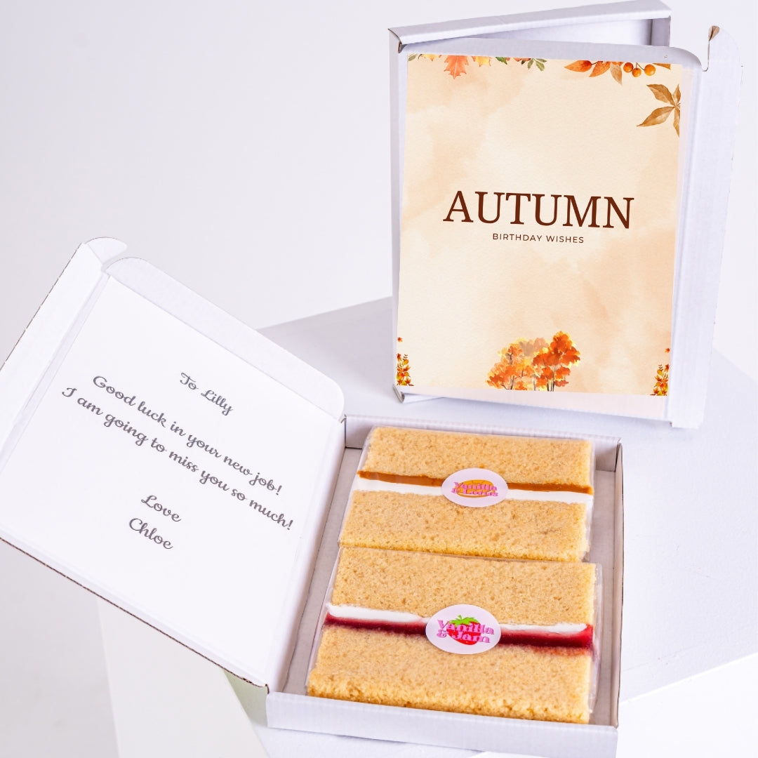 Autumn birthday gift box with sponge cake slices and personal message.