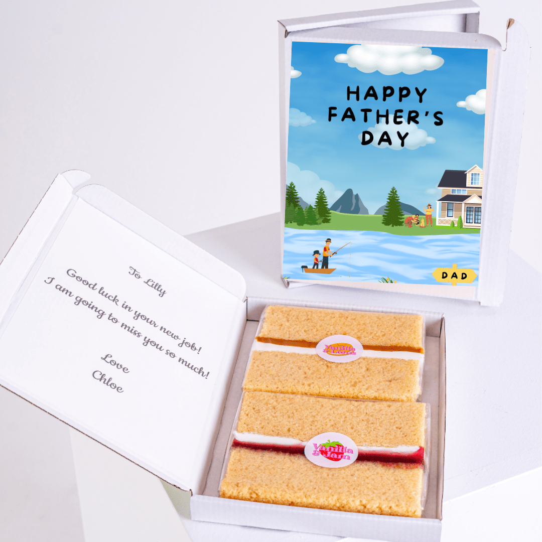Father's Day cake with card, Happy Father's Day, farewell message.