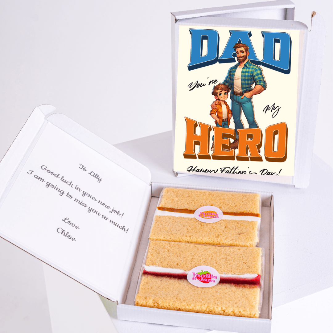 Father's Day cake gift box with Dad, You're My Hero and message for Lilly.