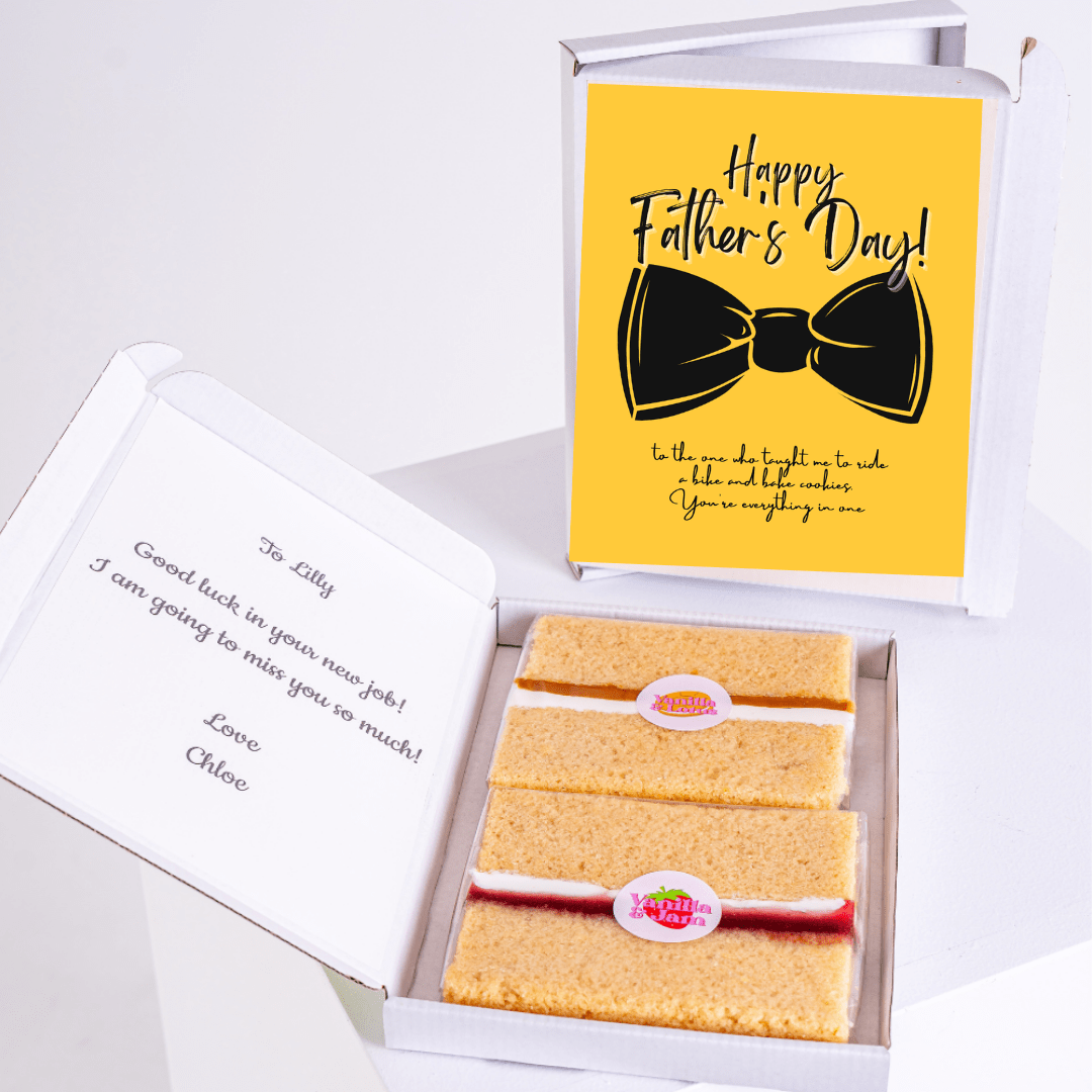Father's Day cake gift box with Happy Father's Day card and message to Lilly.