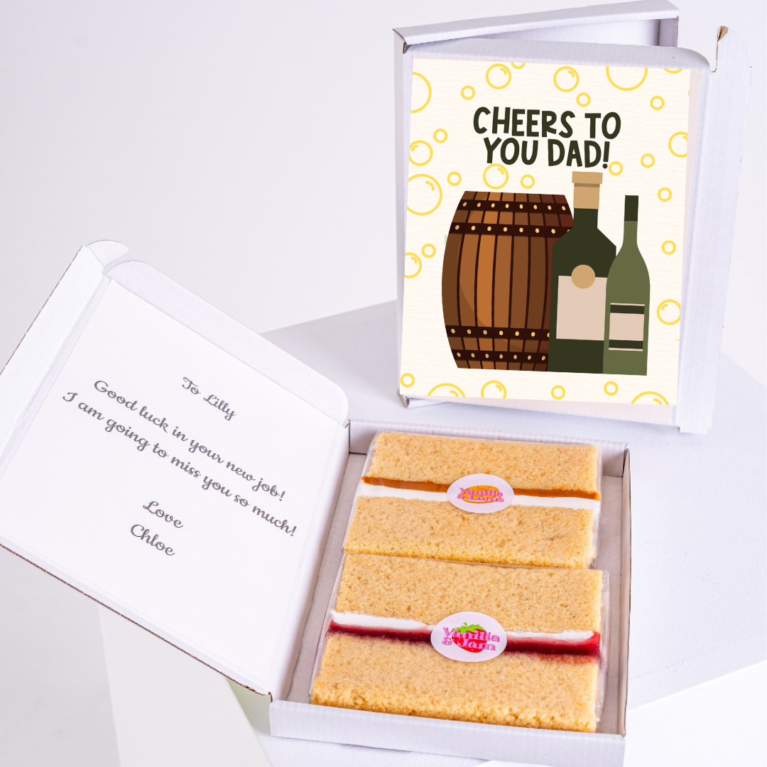 Gift box with Cheers to You Dad! card and cake.