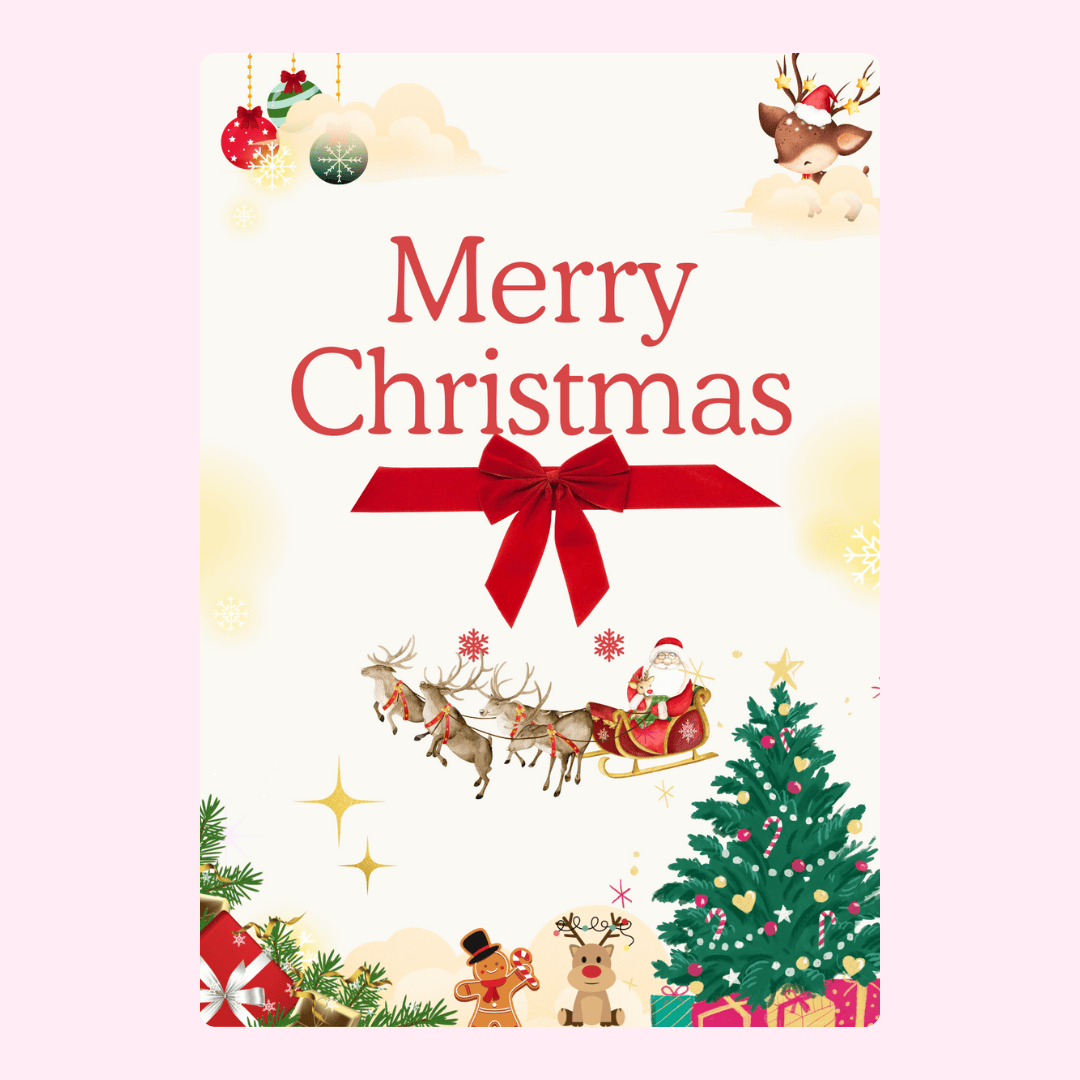 Merry Christmas greeting card with Santa and reindeer