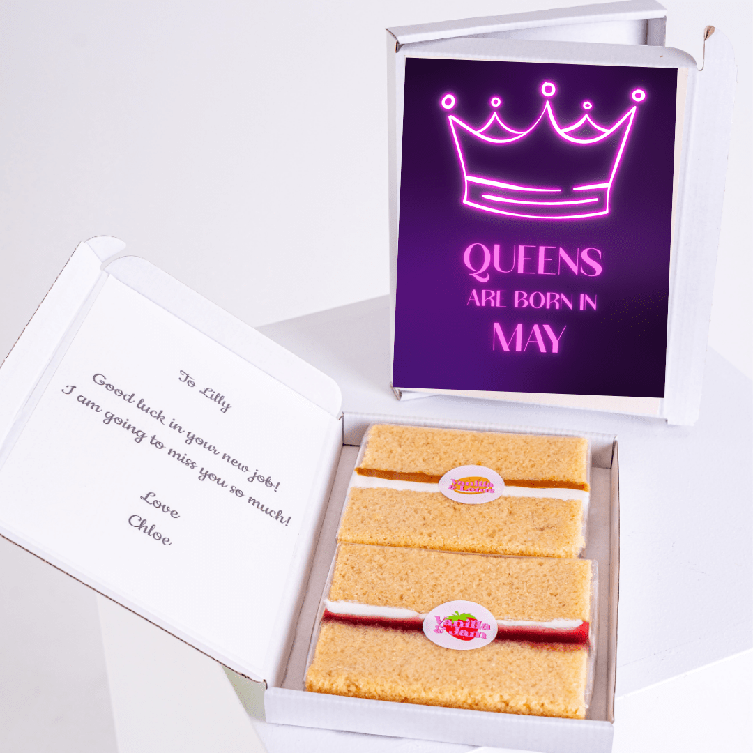 Gift box with cake, Queens are Born in May card, farewell message.