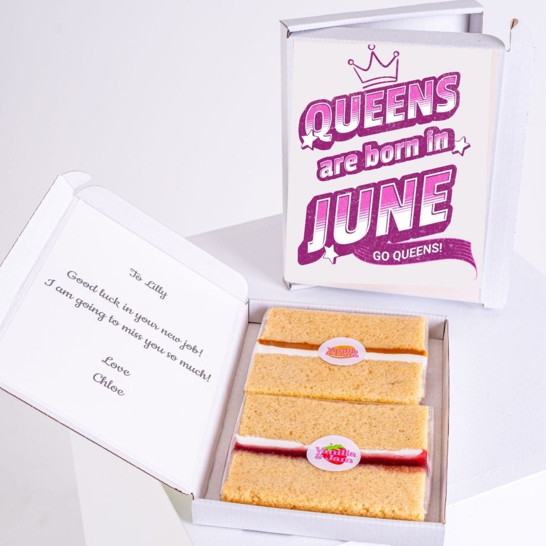 Cake slices in open gift boxes.