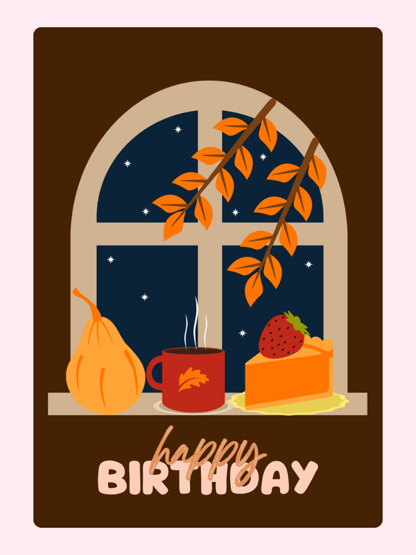 Happy birthday card with autumn window scene