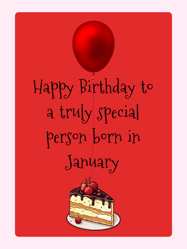 January birthday card with cake and balloon