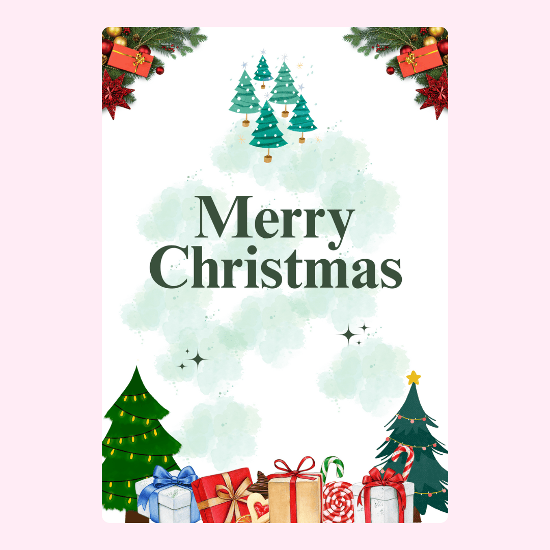 Christmas card with gifts and trees