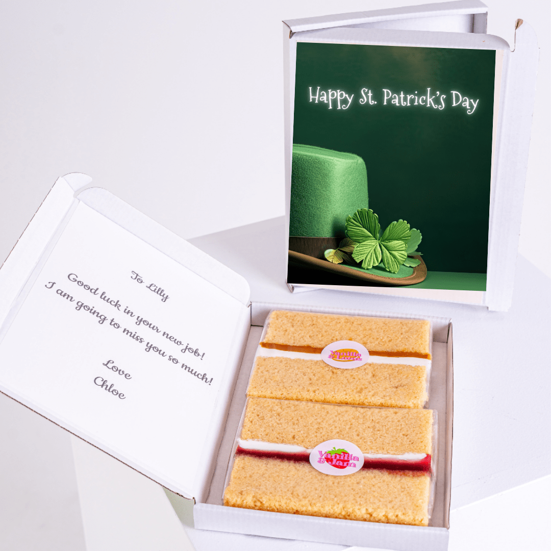 St. Patrick's Day cake gift box with card, message to Lilly.
