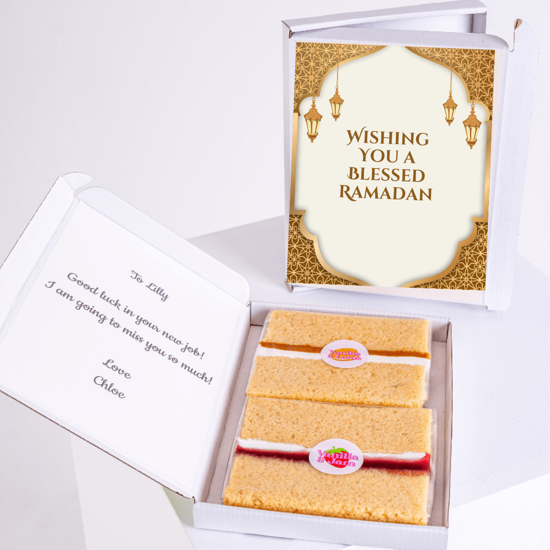 Ramadan cake gift box with Wishing You a Blessed Ramadan card.