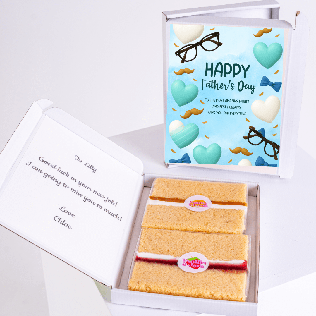 Father's Day gift box with card and cake; To Lilly note.