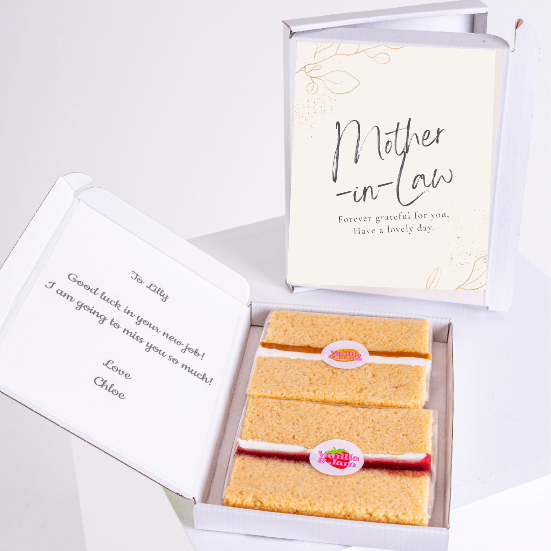 Mother-in-law gift box with cake, good luck message for Lilly.