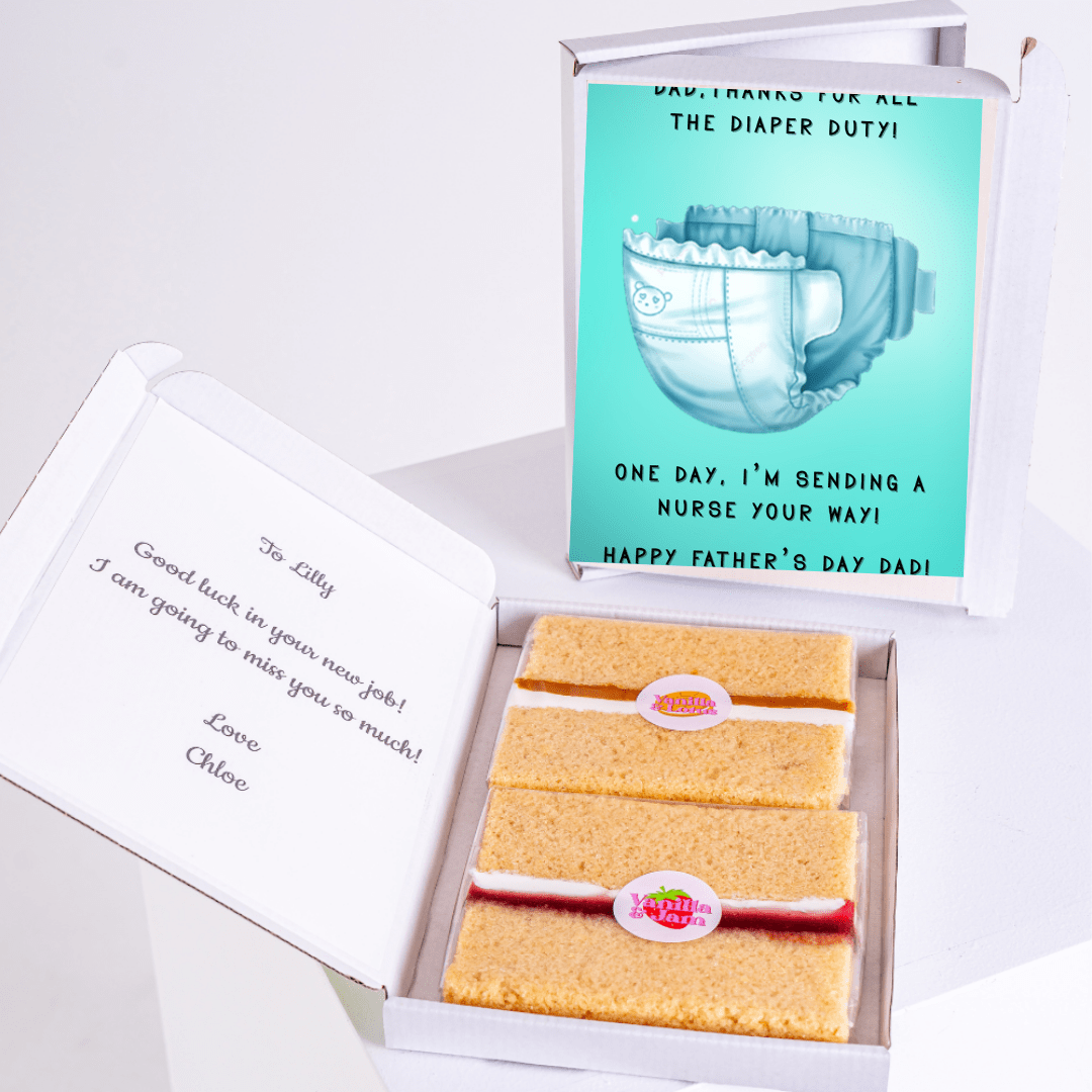 Father's Day card with diaper illustration and cake gift box.