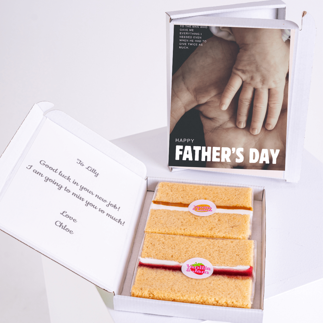 Father's Day gift box with cake, photo, and message for Lilly.