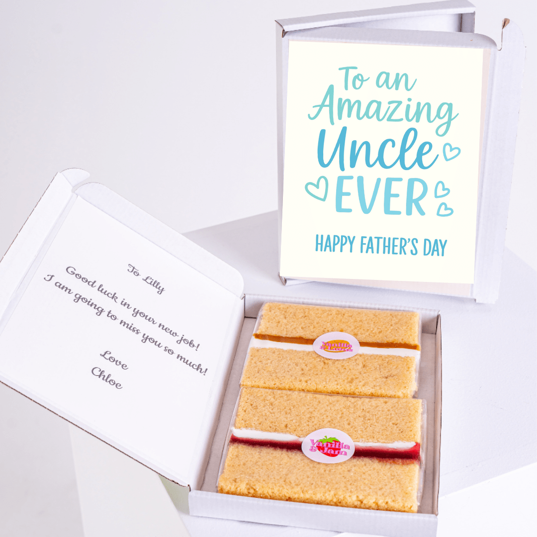 Father's Day gift box with cake for an amazing uncle, card and note.