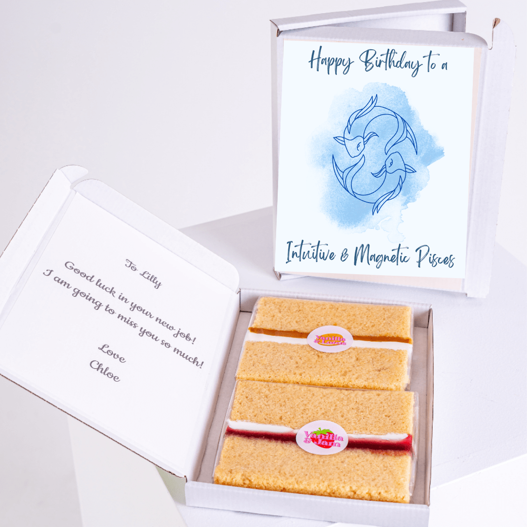 Birthday gift box for Pisces with cake and card for Lilly