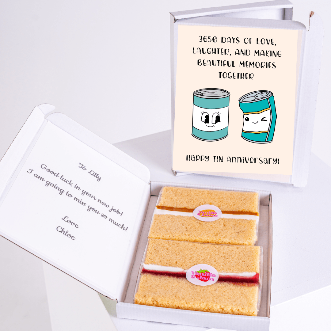 Tin anniversary gift box with cake and card for Lilly.