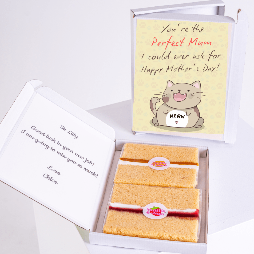 Mother's Day gift box with cake and card saying Perfect Mum