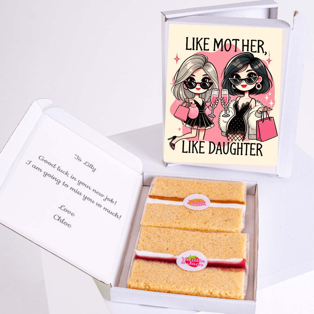Gift box with 'Like Mother, Like Daughter' card and cake for Lilly