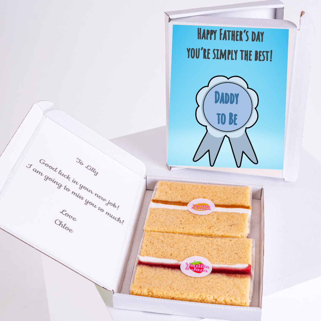 Father's Day gift box with cake and Daddy to be card.