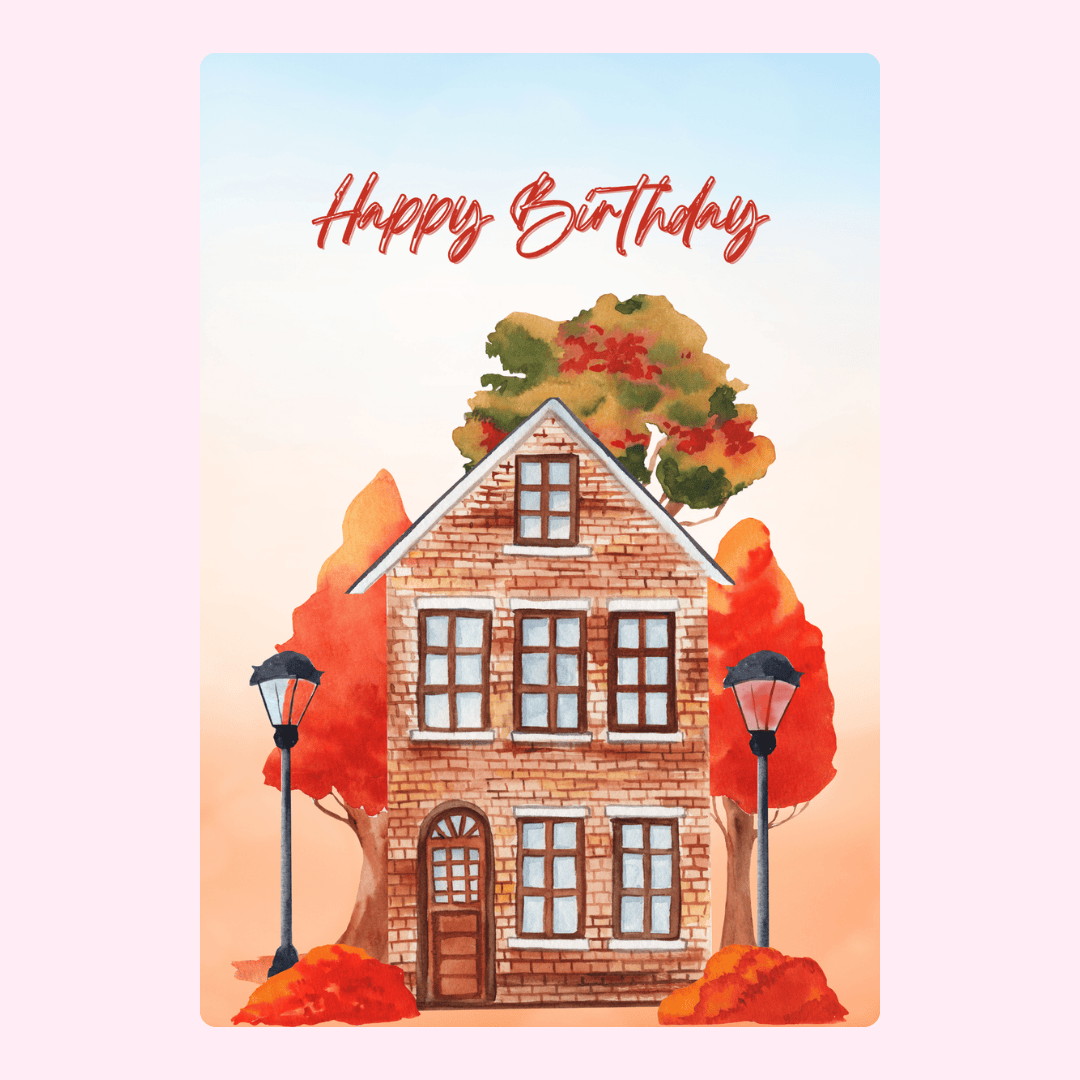 Birthday card with house and autumn trees