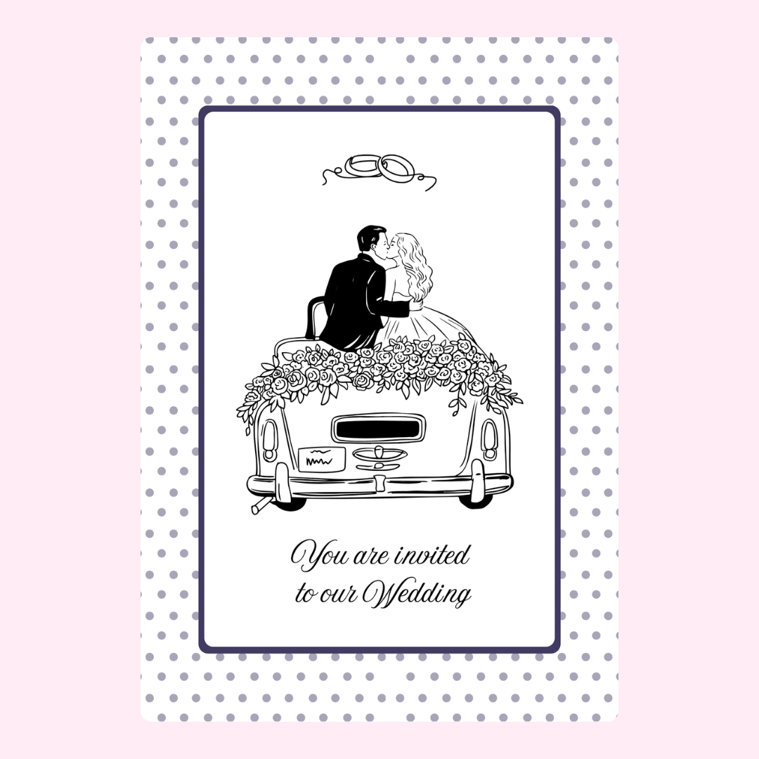 Wedding invitation with kissing couple in car